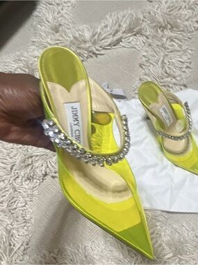 Jimmy Choo Neon Yellow Crystal Strap Pointed Toe Mules